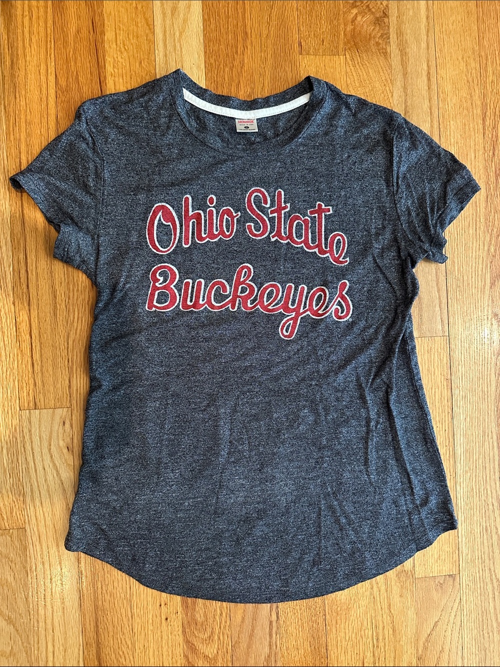 HOMAGE Gray Heather Tee with Red and White Lettering for Ohio State Buckeyes